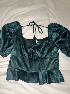 Satin Puff Sleeve Peplum Blouse in Deep Teal